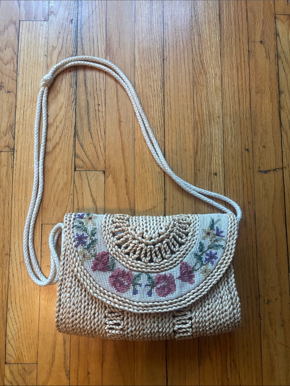 Handwoven Cream Crossbody with Floral Embroidery